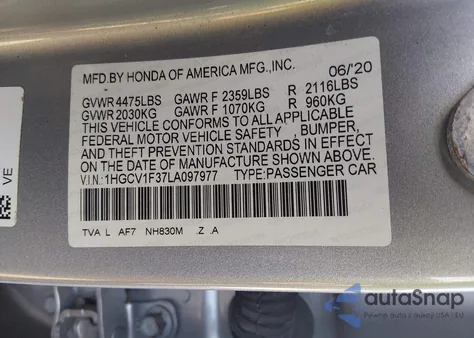 2020 Honda Accord Sport из США, поврежденный, VIN 1HGCV1F37LA097977